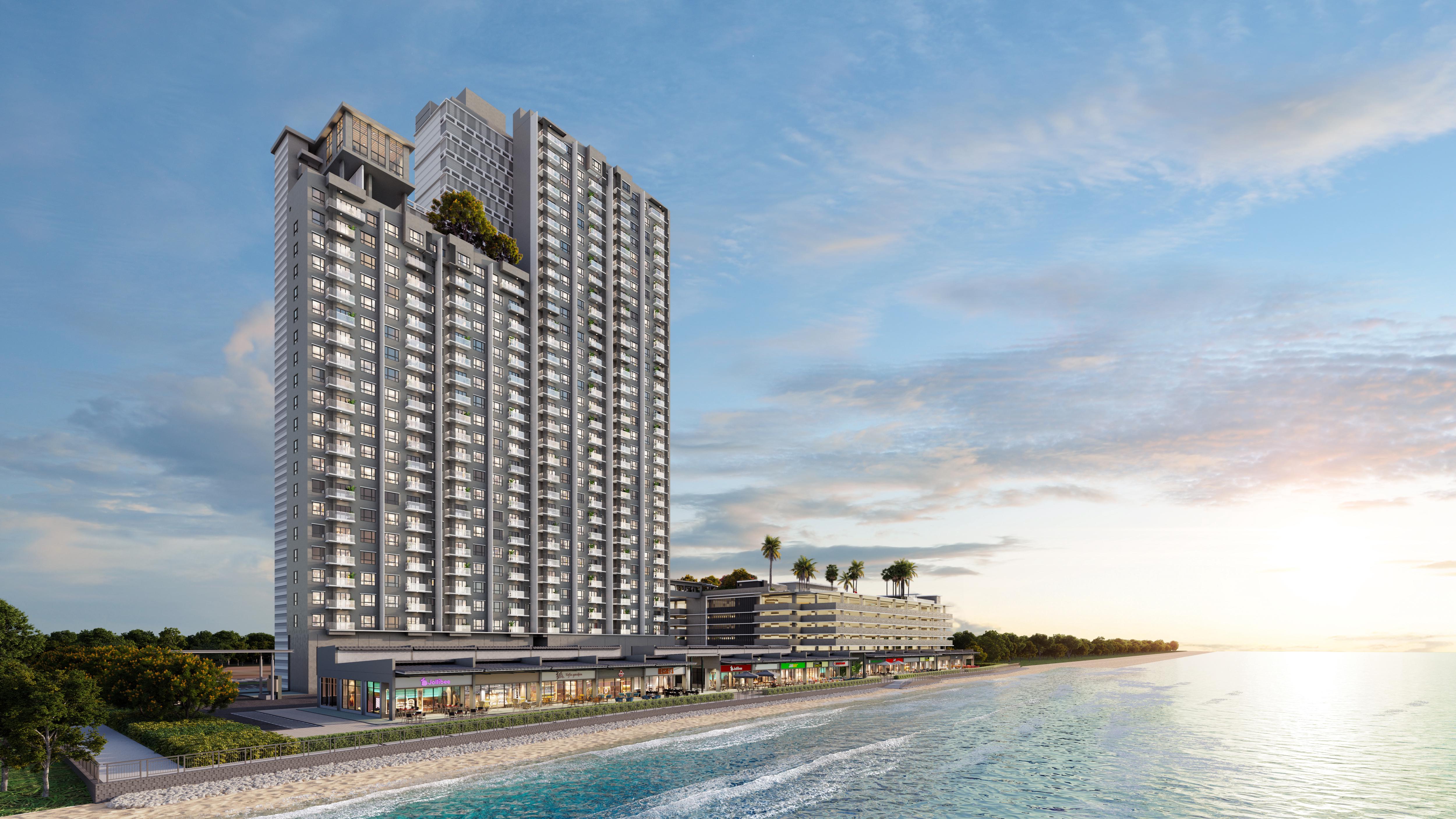 Sea Crestz facade at Kuantan Waterfront with sea-fronting boulevard